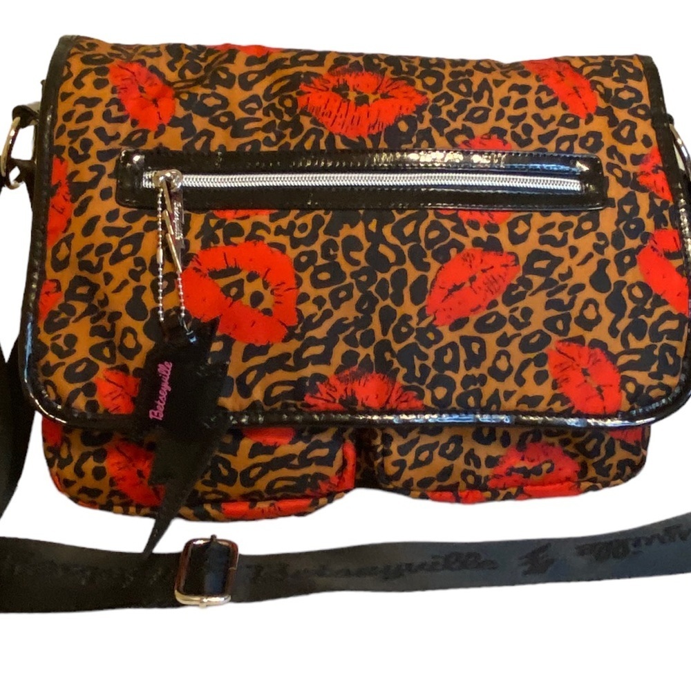 Betsey Johnson Betseyville Crossbody Messenger Bag with Animal Print & Red Lips